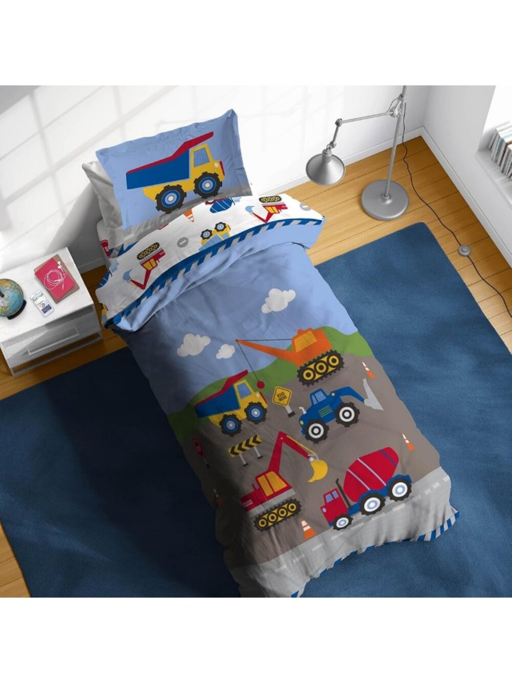 Kids Construction Zone Twin Comforter Set - 5 Piece Soft Vehicles Bedding Set